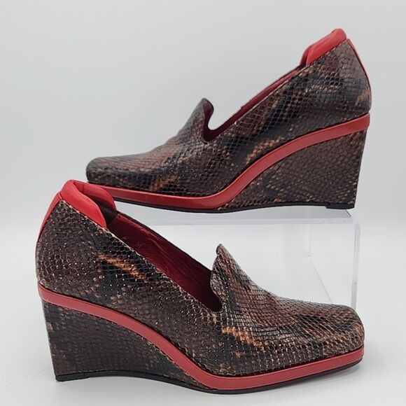 Donald Pliner Snake Wedges Red Modern Loafers Slip On Leather 6 Made in Italy - Picture 1 of 9
